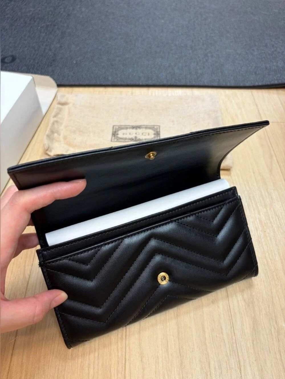 Gucci Black Chevron Quilted Leather Continental Wallet with Gold GG Logo